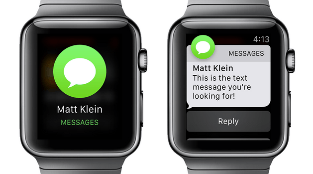 Image with Apple watch alert for message, with “Message” app icon & label in green, along with sender name on a black screen.