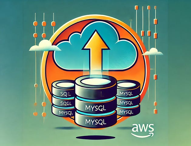 A cartoon logo-like image of database containers loading information into the cloud. Indicated by an arrow pointing upwards from the database containers into a cartoon cloud. The AWS logo is in the corner.