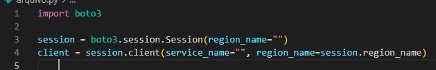 Import boto3
 
 Session = boto3.session.Session(region_name=””)
 
 Client = session.client(service_name=””,region_name=session.region_name)