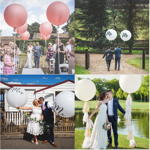 Four pictures of couples posing with giant balloons on their wedding day. Top left: Bride walking down the aisle, which is lined with giant pink balloons. Top right: two grooms walking away from the camera arm in arm, holding giant “Mr and Mr” balloons. Bottom left: bride and groom kissing whilst holding Mr and Mrs giant balloons with rose garland tail. Bottom right: bride and groom kissing whilst holding giant white balloons with tassels.