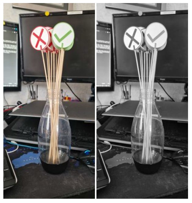 A pair of photos of the finished sticks. The sticks are about 30cm longs and are collected together in a glass bottle. All of the sticks have a white circle at the top, half of them contain a red cross and the other half contain a green tick. The picture on the left shows the sticks in colour and the picture on the right shows them in black and white.