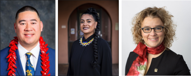 3 official photographs. 1: A Pacific Islander man, 2: A brown woman with dark lipstick, 3: A white woman with wavy hair.