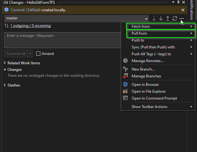 Fetch && Pull operations in Visual Studio