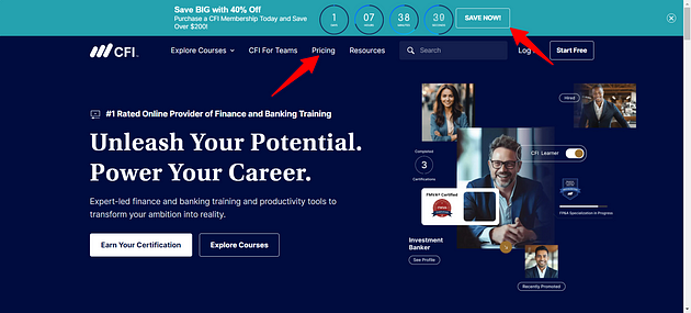 CFI Pricing Tab on its Home Page