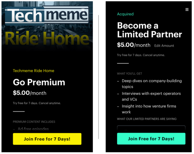 Screenshot of Techmeme Ride Home’s premium monthly subscription option.