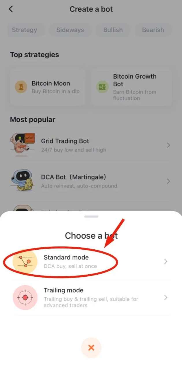 DCA Martingale bot and then select standard mode