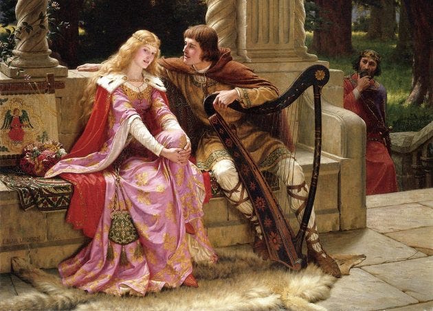 The mediaeval lovers Tristan and Isolde sit together on a couch talking