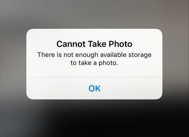 This is a phone screenshot saying “Cannot Take Photo”, there is not enough available storage to take a photo.