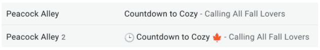 Image of two email subject lines in an A/B test with subject line “Countdown to Cozy.” One subject line starts with a “Clock” emoji.