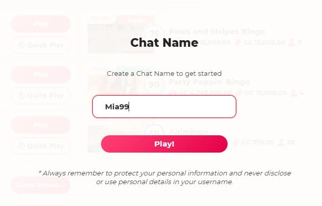 Screenshot of Chumba Casino Bingo Chat Name