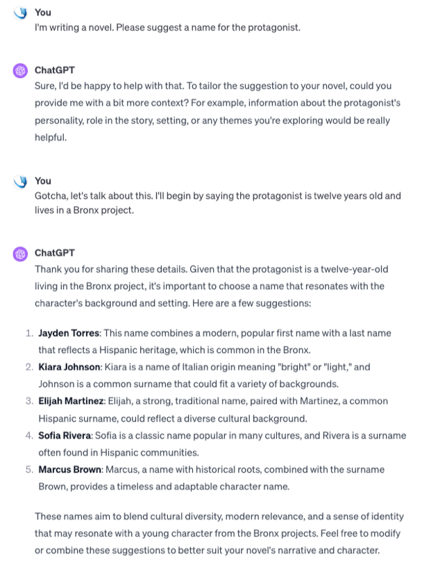 The user initiates a dialog with ChatGPT about character development for a novel.