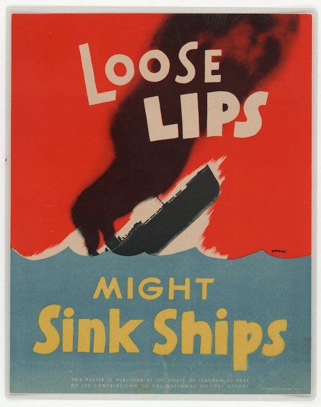 A poster of a red sky horizon line over a body of blue war with a smoking sinking ship in the center. Loose lips sink ships