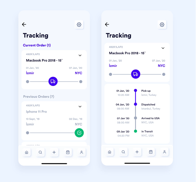 Figür 5: Mobil Ekranda Sipariş Takip Ekran Örneği — Tracking Screens of E-commerce App by Ali Kemal on Dribbble