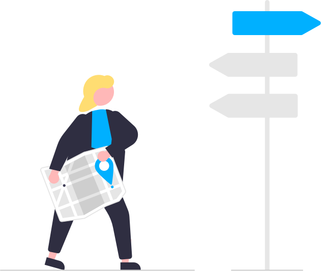 An illustration of a woman holding a map and looking at a sign with two grey arrows pointing to the left and one blue arrow pointing to the right. The woman looks like she is trying to figure out which direction to go.