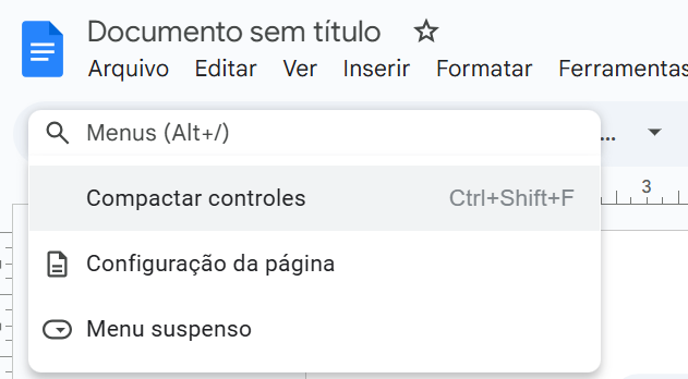 Captura de tela do google documentos, onde tem opção de realizar uma busca pelas funções da ferramenta