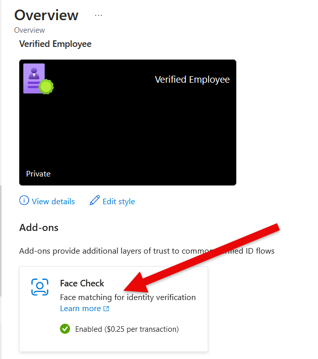 Image showing the “Enable Face Check” button on the Verified ID page in the portal