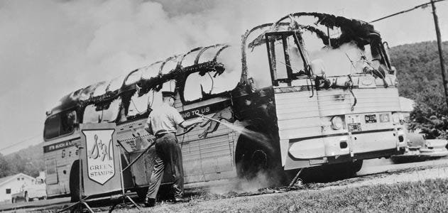 Freedom rider bus in flames