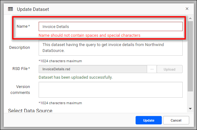 Update data set dialog