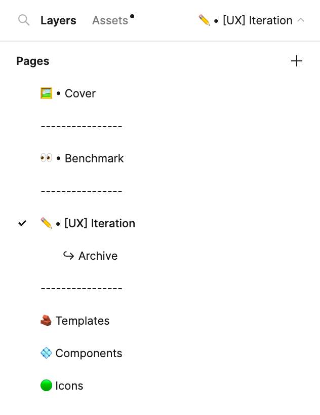 A screenshot of the left sidebar inside Figma software, showing the page structure I created for a client’s project