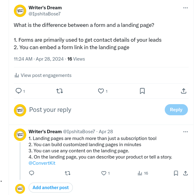 A tweet from the author explains the difference between forms and landing page.
