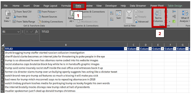 Foto mostrando os passos para converter texto para colunas. Em vermelho, o primeiro ponto indicado em 1 para clicar (Data), seguido do ponto 3 (text to columns)