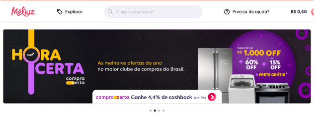 Banner do site Méliuz com texto: hora certa. As melhores ofertas do ano no maior clube de compras do Brasil.