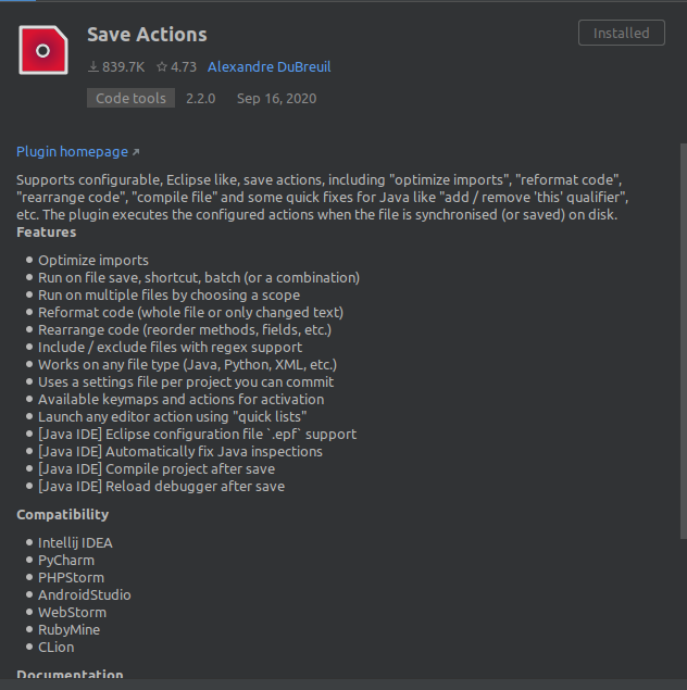 Imagem do plugin save actions no marketplace do Intellij