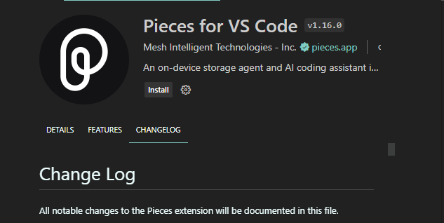 The listing on the VS Code Marketplace for Pieces for VS Code.