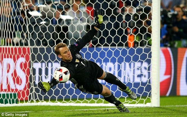 Manuel Neuer dives against Italy