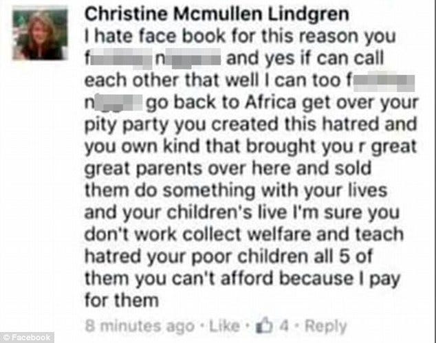 Lindgren, who works at a branch in Atlanta, Georgia, said 'f***ing n*****s' should 'go back to Africa' in her offensive online tirade