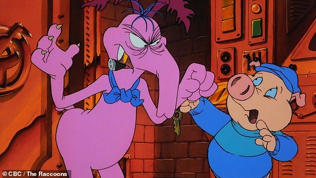 A still from The Raccoons showing Cyril Sneer, a pink aardvark, berating one of his minions. It’s unclear which pig he’s yelling at — either Floyd, Lloyd or Boyd.