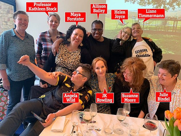 Photograph taken at the lunch. JK Rowling cosying up with Kathleen Stock, Maya Forstater, Allison Bailey, Helen Joyce, Liane Timmermann, Angela Wild, Suzanne Moore and July Bindel.