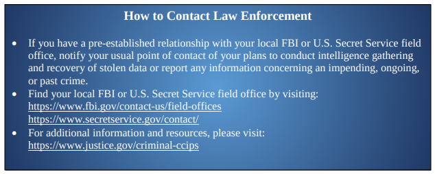 Information box detailing how to contact law enforcement, including links to FBI and U.S. Secret Service websites.