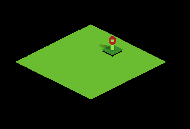 The finished product of the tutorial. An isometric view of a voxel flower on a grass field.