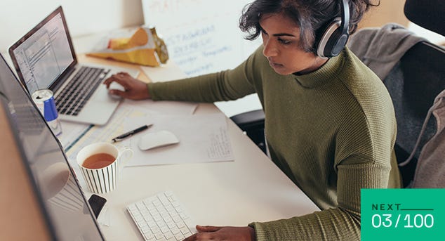 An engineer attends virtual meetings with her team from her home office.