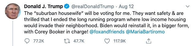 A Tweet from Donald Trump talks about the invasion of suburbs through low income housing.