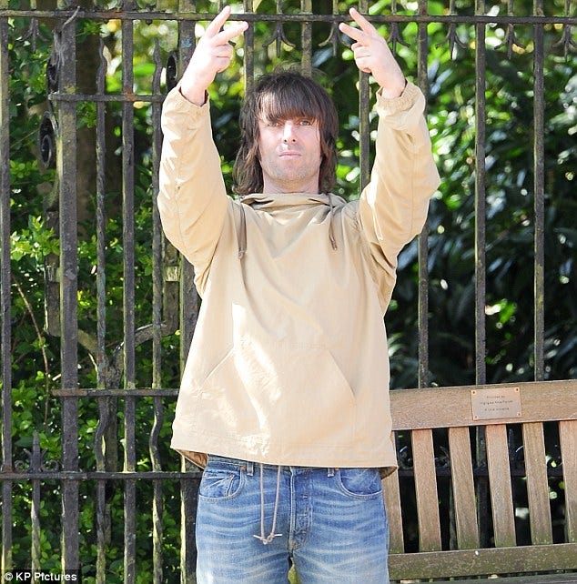 photo of singer Liam Gallagher giving two fingers