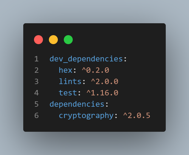 An image showing the ‘hex’ and ‘cryptography’ dependencies added to pubspec.yaml