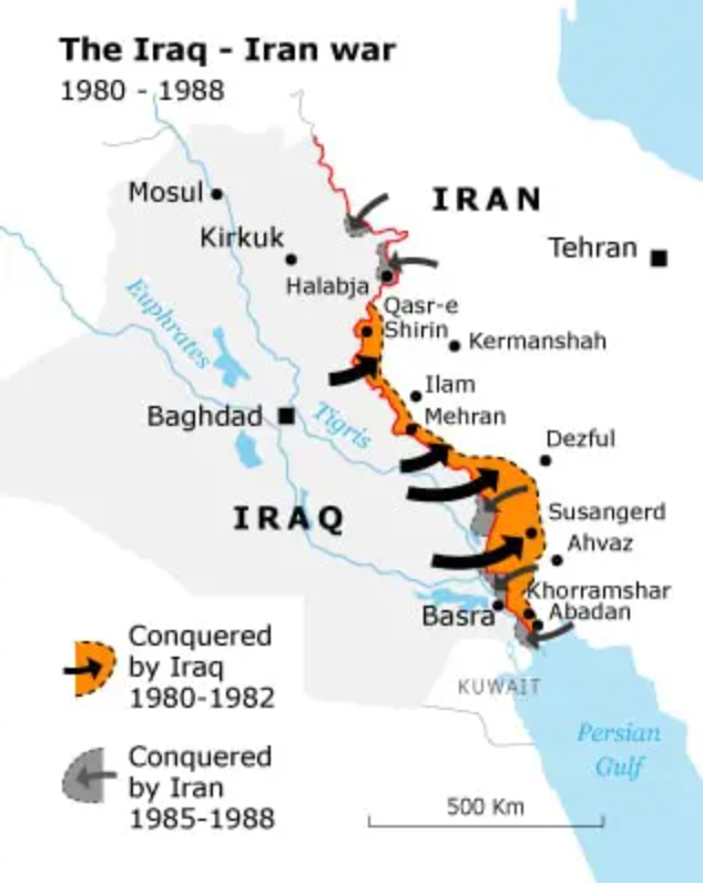 Map showing territorial changes during the Iran-Iraq War from 1980 to 1988.