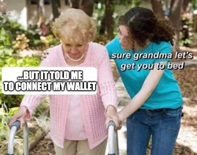 Meme: Grandma says “…But it told me to connect my wallet.” Grandaughter responds, “Sure grandma, let’s get you to bed.”