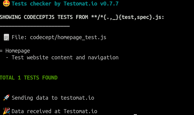 Screenshot of tests checker output by Testomat.io, showing CodeceptJS tests, total 1 test found.