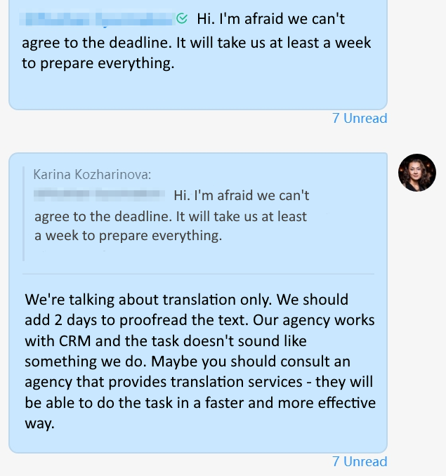 A marketing manager refuses to take on a tak as it does not fall within the scope of the services provided by the agency. The client needs help with translation, while the agency focuses on digital marketing. The marketing manager advises the client to contact a company that specializes in the necessary field.