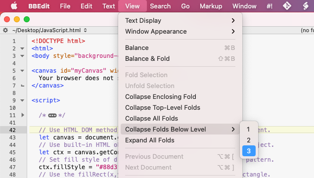 In BBEdit’s View menu -> select Collapse Folds Below Level -> 3