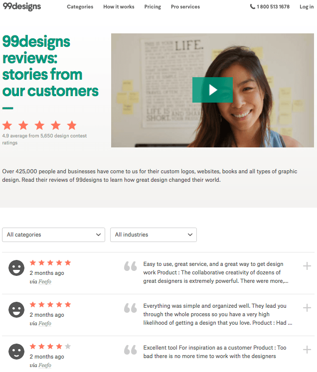 99designs website screenshot showing customers’ testimonials with ratings and feedback.