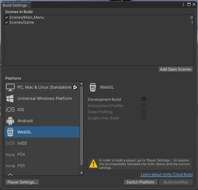 Screenshot of Unity Build Settings with the WebGL Platform option highlighted