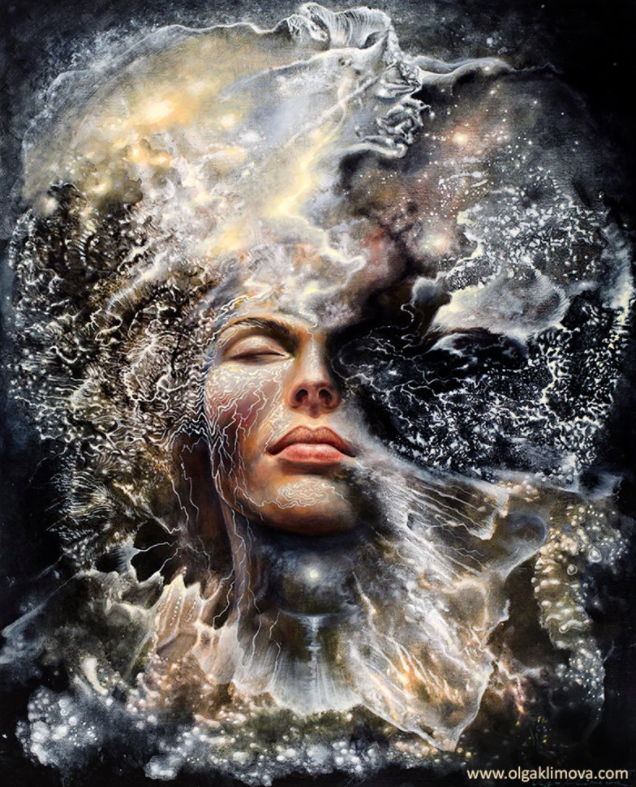 The face of a woman dissolving into what looks like the sea, sky and space
