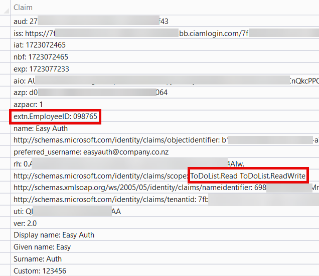 Image showing access token with EmployeeID claim = 098765