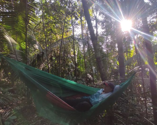 Cristiane Jade no meio da floresta amazonica, com varias arvores em tono da rede onde ela esta deitada, por tras das arvores possui um raio de sol muito lindo complementado a composição da foto.