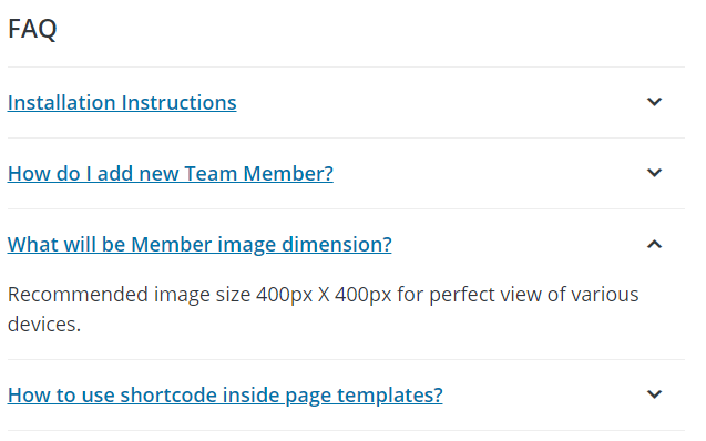 The FAQ section on the WordPress.org page of the free version of GS Team Members