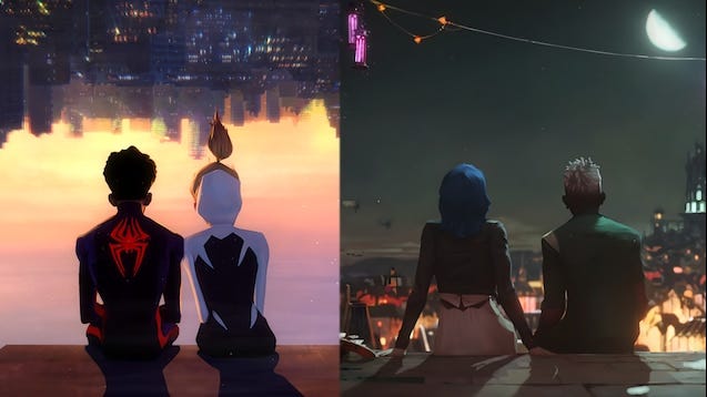 The success of modern hits like Spider-Verse (left) and Arcane (right) signals a wider industry shift, trading plastic 3D perfection for the acclaimed warmth of painterly, hand-crafted textures. (image source: Steam Community)